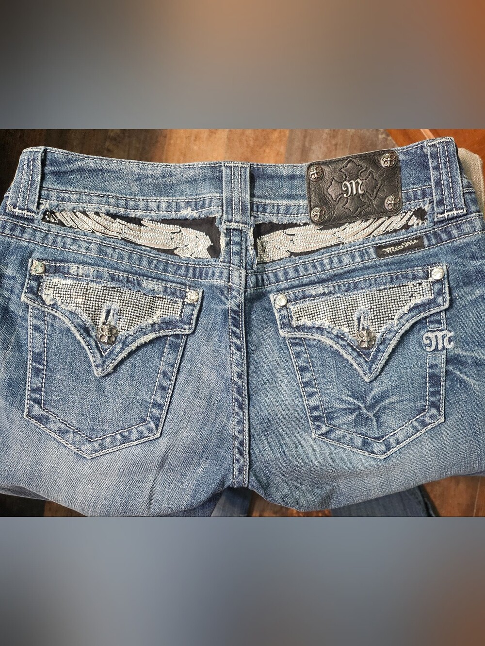 Miss Me Light Blue Denim Jeans with Silver Rhinestone Back Pockets